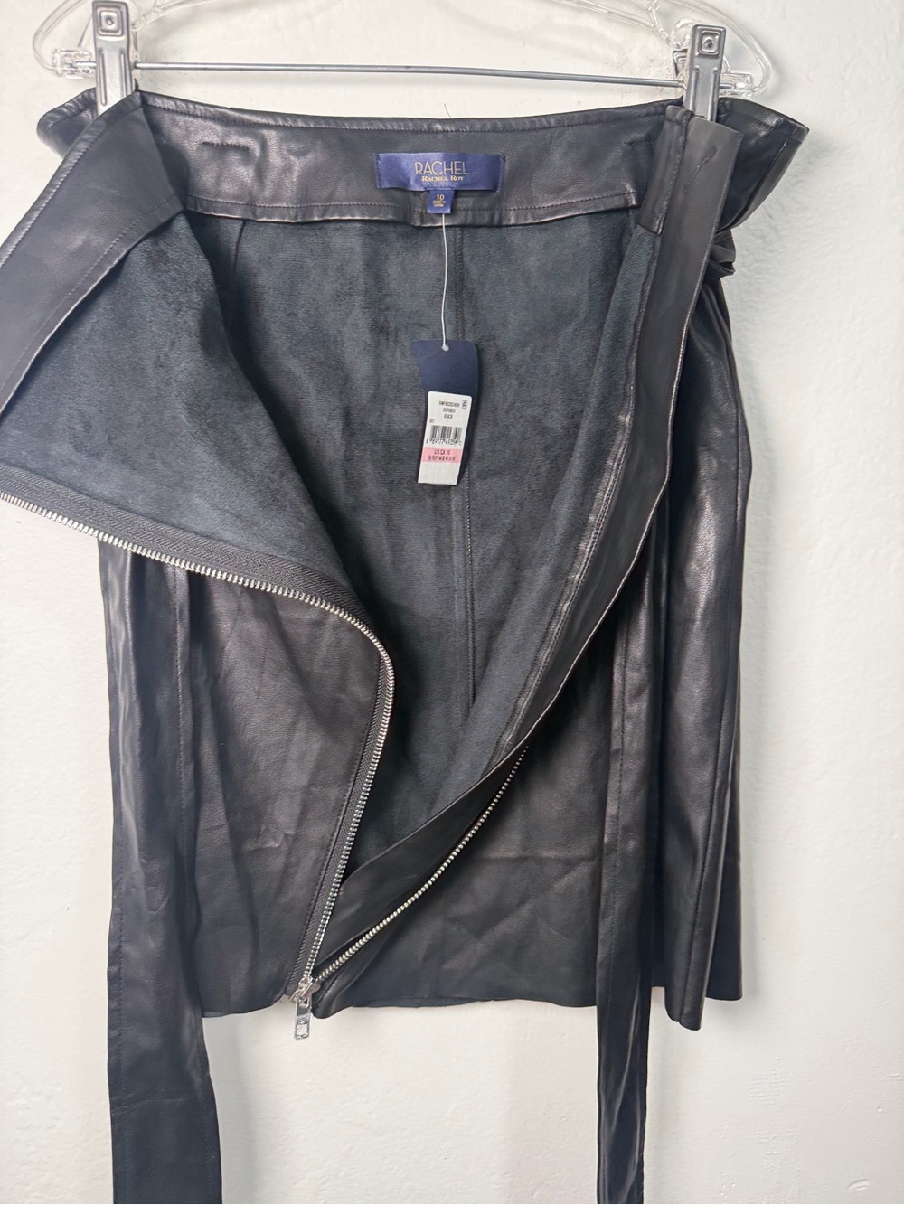 Rachel Rachel Roy Black Faux Leather Wrap Mini Skirt Belted Asym Zip NWT Size 10 - Picture 14 of 15